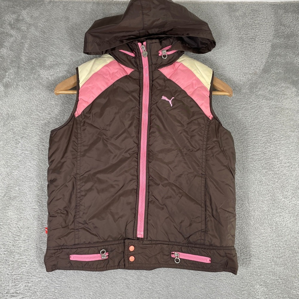 Puma Puffer Vest Girls Large Brown Pink Colorblock Hooded Y2K Sportswear‎